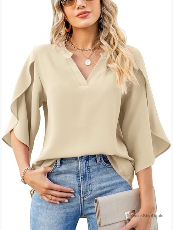 Tops - Chiffon V-Neck Blouse with 3/4 Ruffled Sleeves Loose Fit Tunic
